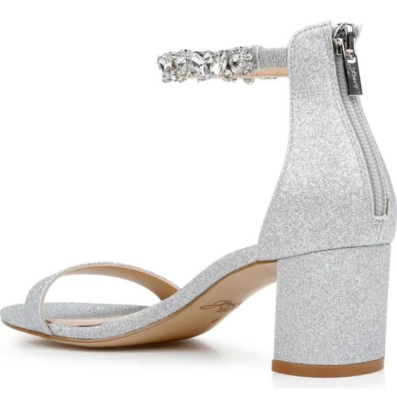 Jewel Badgley Mischka Catalina Ankle Strap Block Heel Sandals 8 Silver Glitter - Picture 2 of 15